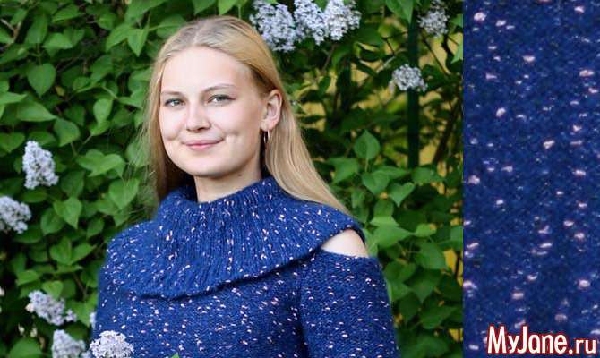 Синій джемпер з великим коміром. Вязання спицями